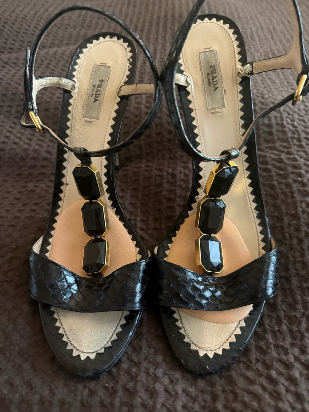 Prada Black Jeweled T-Strap Sandals with Gold Accents